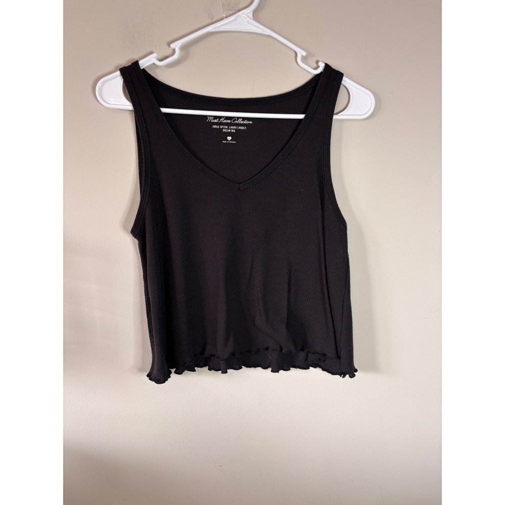 Hollister Must Have Collection Black Ribbed Lettuce Edge V-Neck Tank Top Medium